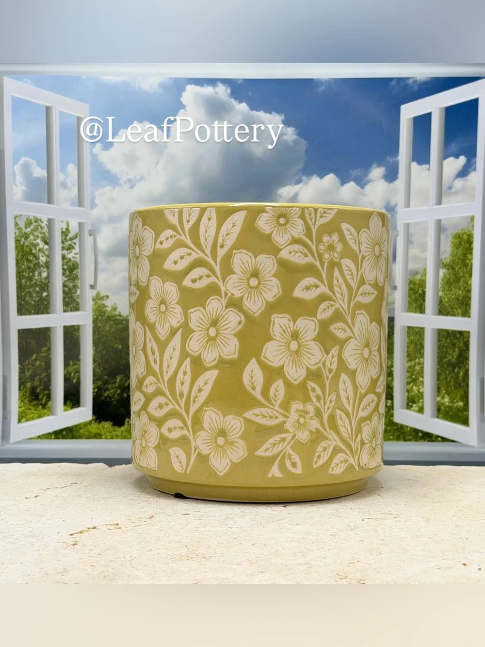 Mustard Yellow Floral Ceramic Planter with Drainage Hole, 6 Inch planter